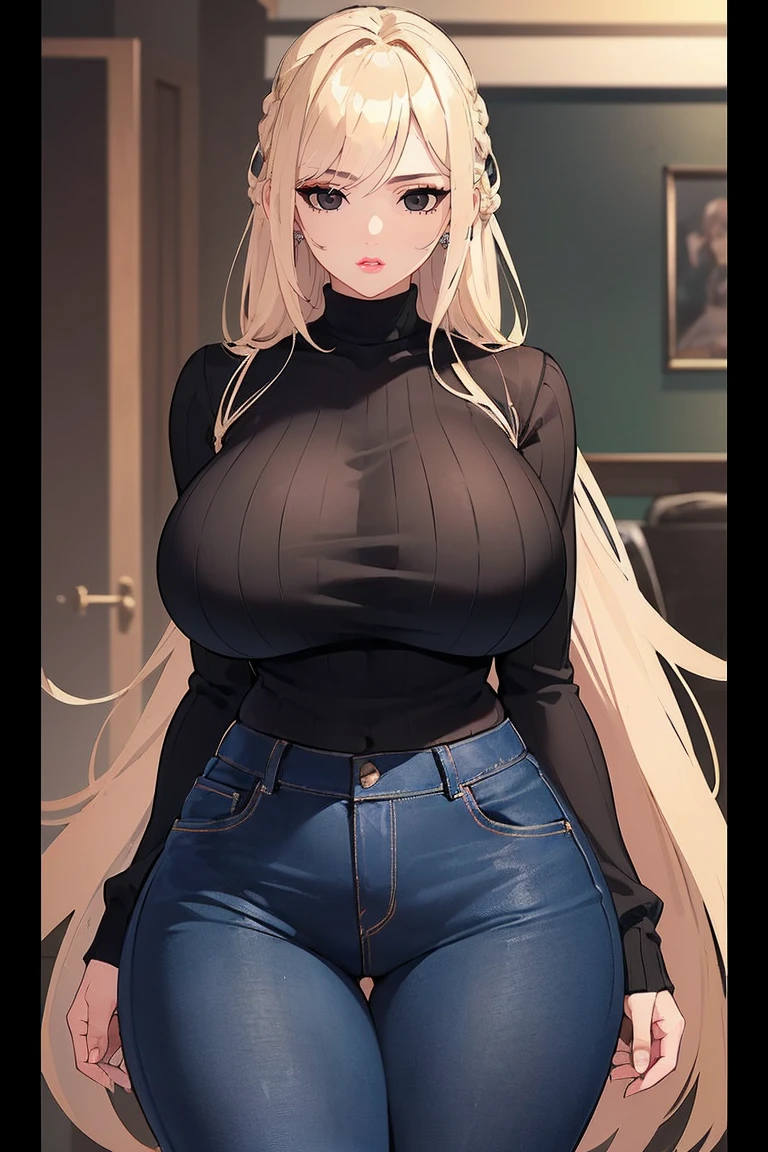 (Uhd, Masterpiece, Textured Skin, Super Detail, High Details, High Quality, Best Quality), Detailed Face, 1woman, mature pretty woman:1.5, ((Wide hips, thick thighs, massive huge breasts)), Blonde hair tied up, (Black sweater shirt), jeans, (Huge Body), (Hair tied up with side bangs)