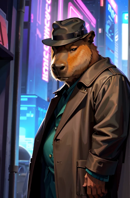 (anime), (Sozinho:1.3); antro, Anthropomorphic humanoid capybara, bipedal gordinho capybara, gordinho:1.1, Barriga grande:1.2; He's a detective, Wearing a hat, vestindo um sobretudo, with head down, Encostado na parede; ((looking at the camera)), Pov, (vista frontal), standing; a spaceport on top of a building, cidade ciberpunk, Naves espaciais e carros voadores ao fundo, ao ar livre; (Personagem original, volumetric lighting, melhores sombras, Profundidade superficial de campo, (qualidade muito alta, incredible detail:1.25), (Sozinho:1.3), Tintas de cores brilhantes, Dedos finamente detalhados, finely detailed hand, perfeito_hands, olhos finamente detalhados, perfeito_alunos)