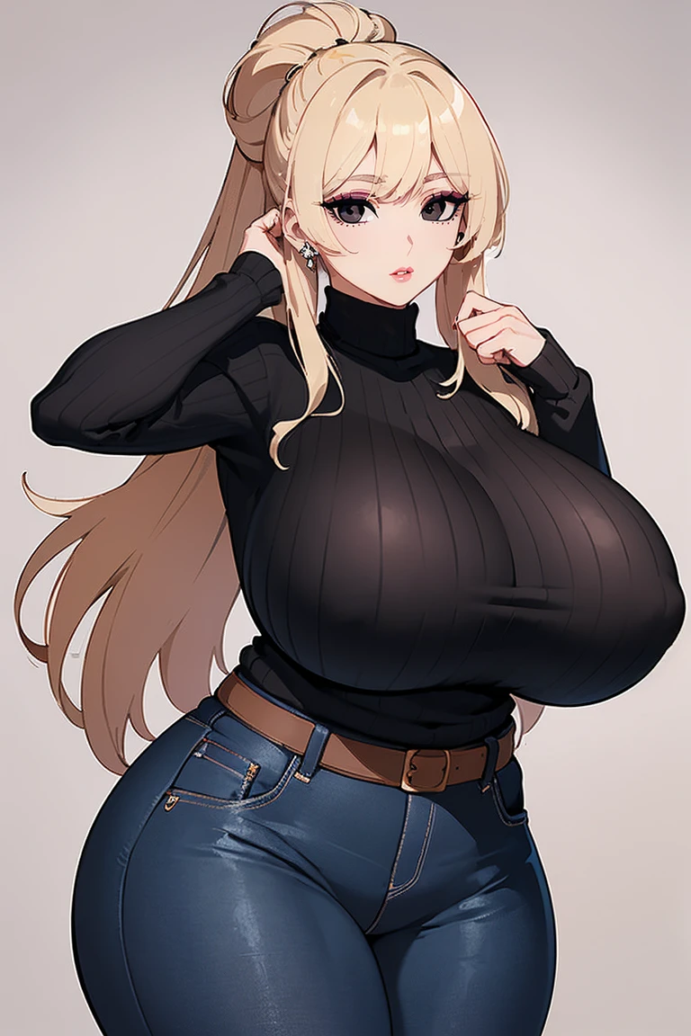 (Uhd, Masterpiece, Textured Skin, Super Detail, High Details, High Quality, Best Quality), Detailed Face, 1woman, mature pretty woman:1.5, ((Wide hips, thick thighs, massive huge breasts)), Blonde hair tied up, (Black sweater shirt), jeans, (Huge Body), (Hair tied up with side bangs)