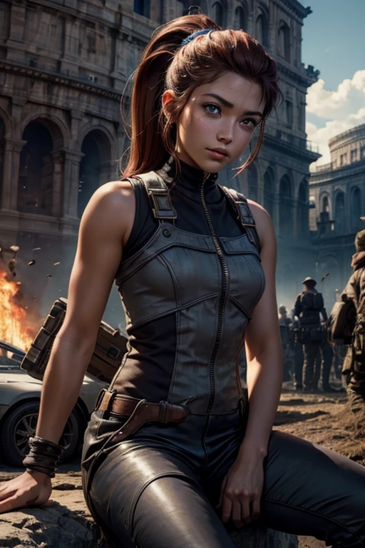 
iliaamitola, ilia amitola, smiling, long hair, blue eyes, brown hair, ponytail, dark skin, dark-skinned female, BREAK bare shoulders, bodysuit, BREAK sitting outside colosseum, river, bonfires, wrecked vehicles, crowd, (crowd in military dress), post-apocalypse, dystopian future, crowd, (crowd in military uniforms), (volumetric lighting), best quality, masterpiece, intricate details, tonemapping, sharp focus, hyper detailed, BREAK looking at viewer, (cowboy shot:1.5), BREAK (masterpiece:1.2), best quality, high resolution, unity 8k wallpaper, (illustration:0.8), (beautiful detailed eyes:1.6), extremely detailed face, perfect lighting, extremely detailed CG, (perfect hands, perfect anatomy), 
