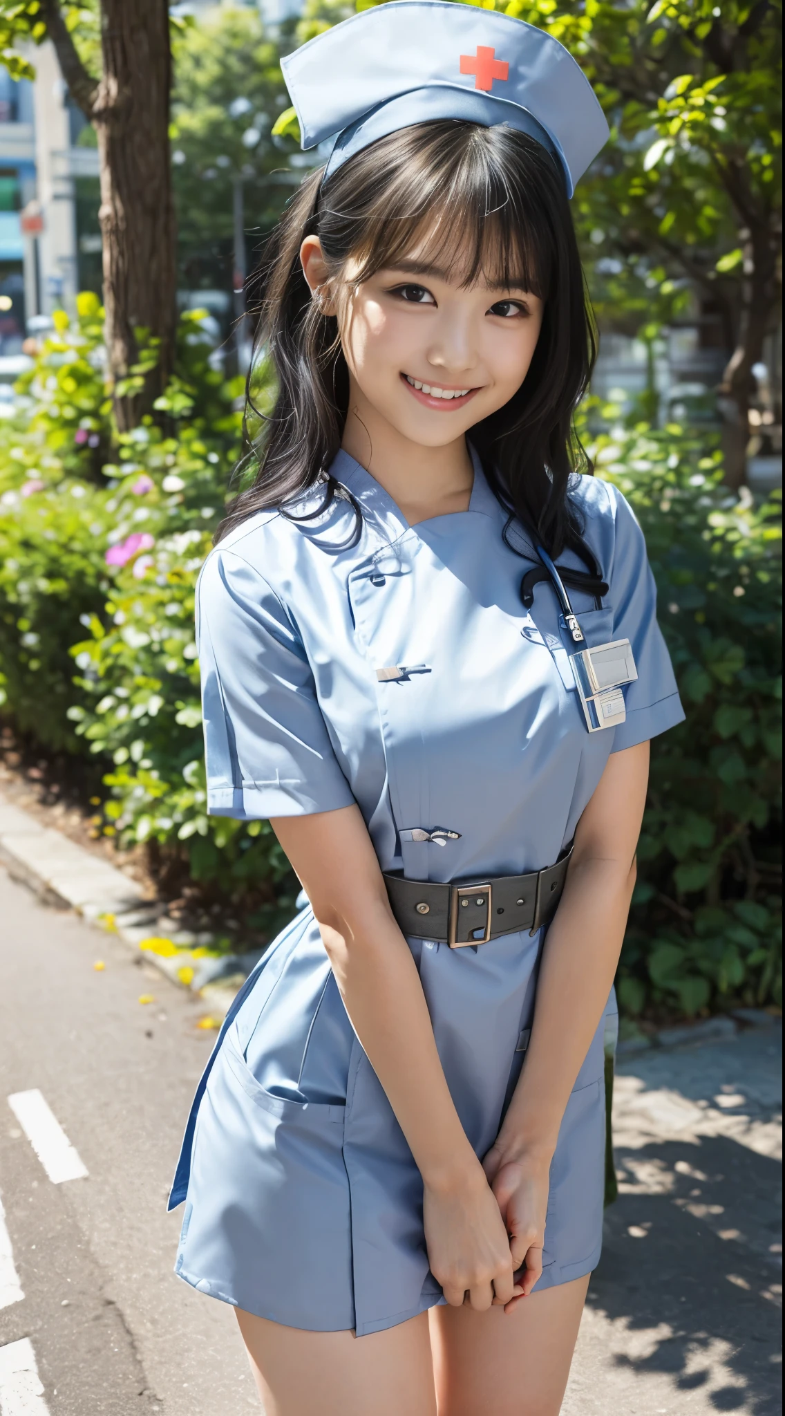 （8k、Raw photography、highest quality、masterpiece：1.2),(Black Hair、Dark Eyes:1.9),(:1.3)、View your viewers,Viewed from the front,White skin,(Nurse uniform:1.6)、(Tight waist:1.6)、(Clothes that accentuate the shape of the breasts:1.0)、(Big Breasts :1.3)、Slim figure、Ultra-high resolution,beautiful,beautiful fece,(one person、No background:1.9),whole bodyボディー,Japanese women,（reality的：1.37）、Photon Mapping,reality、(-face cute: 1.4)、(Cute Smile: 1.8)、(Round face: 1.8)、Radio City、Physically Based Rendering、Depth of field rally background、photograph, (I can see your knees、Thigh close-up:1.8),（:1.6）,whole body、Great quality