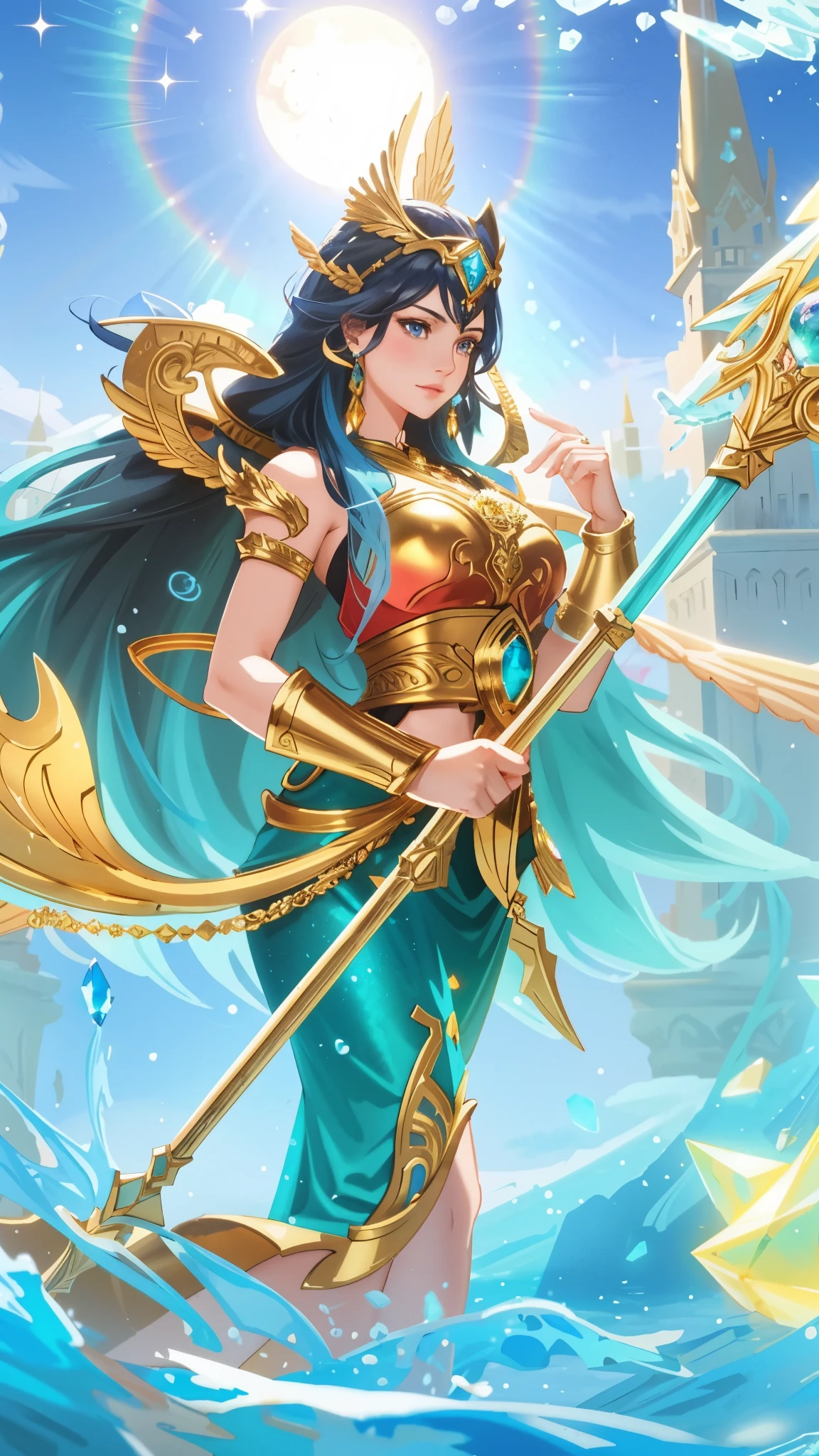 A fantasy-themed digital artwork depicts a female character with long dark hair, wearing an ornate golden and blue armor with wings, holding a staff with a glowing gem at its top. She stands on a rock amidst water, with a city skyline in the background under a radiant sun.