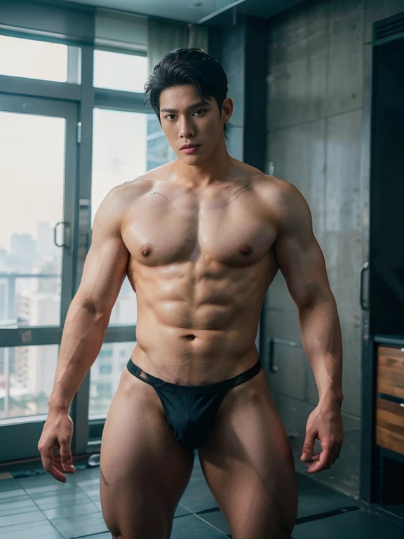 HOMEM COREANO, SEM CAMISA, rosto bonito, PEITO MUSCULAR, volume na cueca, bulge, grande, futuristic, robot body, lean body, husky, slim, big nice bulge, wearing micro string thong , thighs , earth tone photo , ultra reality , ultra photorealism , unrealistic wide hips , unrealistic wide pelvis