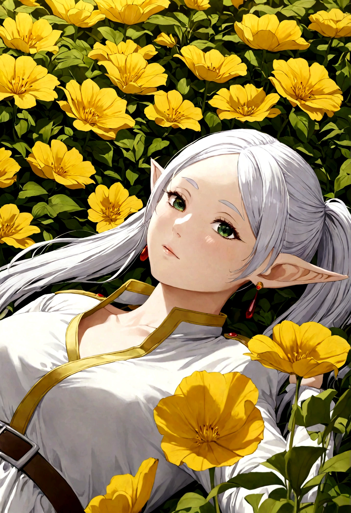 1girl, frieren, sousou no frieren, elf, white hair, long hair, long sleeves, earrings, lying in a majestic yellow flowerbed, blush, closed mouth, hair between eyes, dynamic lighting, dynamic pose, best quality, masterpiece, very aesthetic, perfect composition, intricate details, ultra-detailed