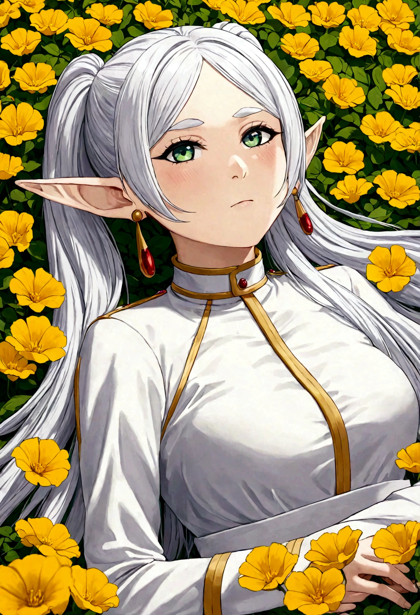 1girl, frieren, sousou no frieren, elf, white hair, long hair, long sleeves, earrings, lying in a majestic yellow flowerbed, blush, closed mouth, hair between eyes, dynamic lighting, dynamic pose, best quality, masterpiece, very aesthetic, perfect composition, intricate details, ultra-detailed