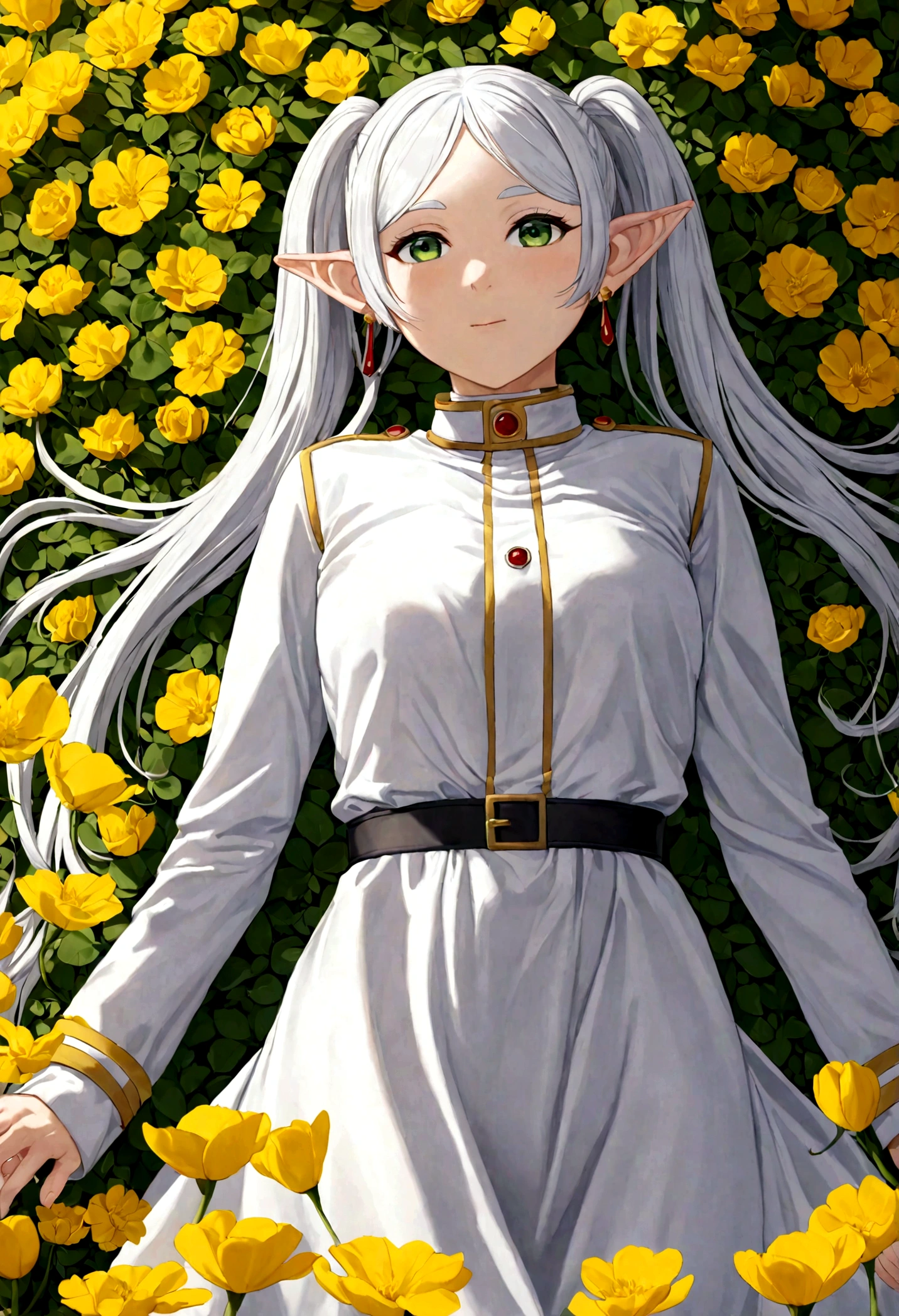 1girl, frieren, sousou no frieren, elf, white hair, long hair, long sleeves, earrings, lying in a majestic yellow flowerbed, blush, closed mouth, hair between eyes, dynamic lighting, dynamic pose, best quality, masterpiece, very aesthetic, perfect composition, intricate details, ultra-detailed