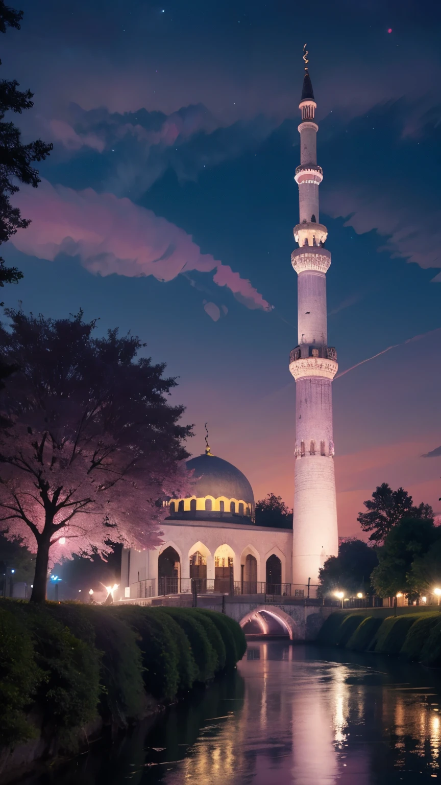 mosque, beautiful, exterior, trees, river, sexy, night, (((colorful sky)))