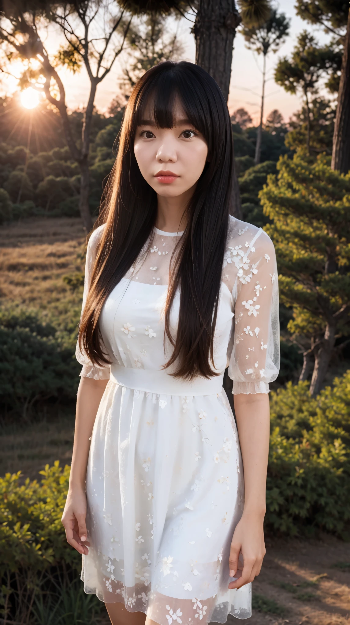 face of(1girl, solo, ParewaFace, thai, straight hair, bangs hair, (looking at viewer), ),
body of((fat), standing ), BREAK
wearing of(white floral dress, see-through silhouette, ), BREAK
background of(forest, trees, mos, rock, ),
photography of(silhouette, sunset, portrait, (straight-on), best quality, masterpiece, nikon D500, 120mm, absurdres, ), 