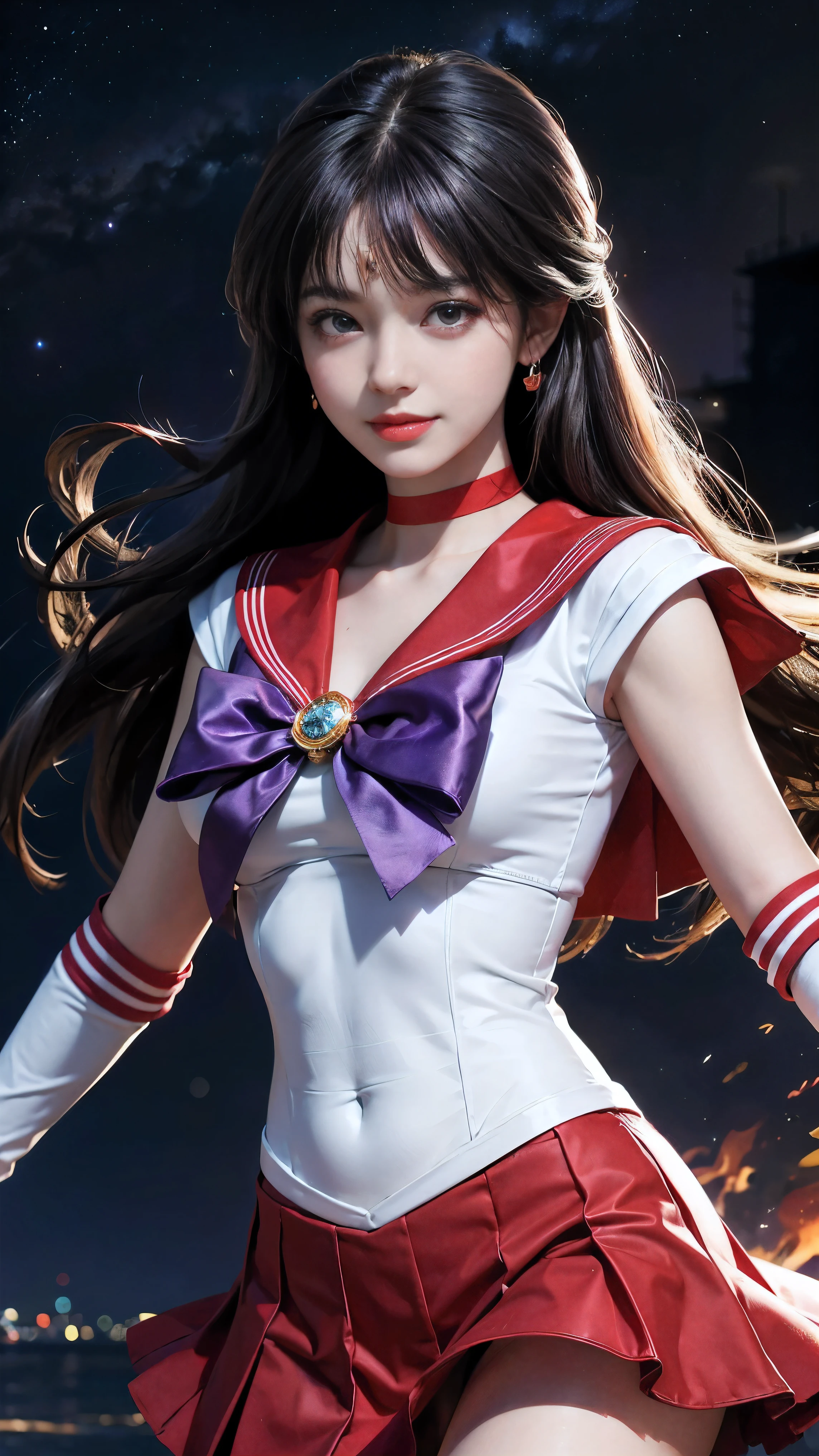 1 girl,long hair, (high quality,8K,black hair, realistic, purple hair!!!!!, 最high quality, purple hair, purple dyed hair, lumasterpiece,Super detailed, disorganized)1.5,((Summer 1, tiara, Sailor Senshi Uniform, white gloves, Red sailor collar, red skirt)),City of night,white gloves,purple ribbon,purple eye,masterpiece,best quality,highres,sama1,tiara,sailor senshi uniform,white gloves,red sailor collar,red skirt,star choker,elbow gloves,pleated skirt,bare legs,purple bow,space,moon,cowboy shot,smile,flame bow,