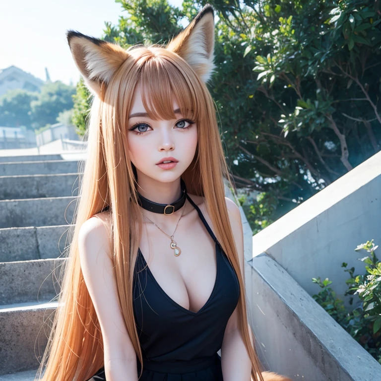 Fox Girl, Fox's Tail, Nine-Tailed Fox,Fox Ears, Black colored hair, Fox Makeup,One Girl、 Kimono with open chest, Body size is 100-70-90!、Nice body, Avatar, face, Open chest, lewd face, Dominant representation, naughty face,Big Breasts,Emphasize cleavage,Show bare skin、Skin is visible、With legs apart、Show off your thighs、With legs apart、A beautifully patterned kimono、I can see her cleavage、Muscular、Uplifting、Abdominal muscles、Exposed skin、Long Hair、Skin Texture、Soft breasts 、outside、Grassy field
