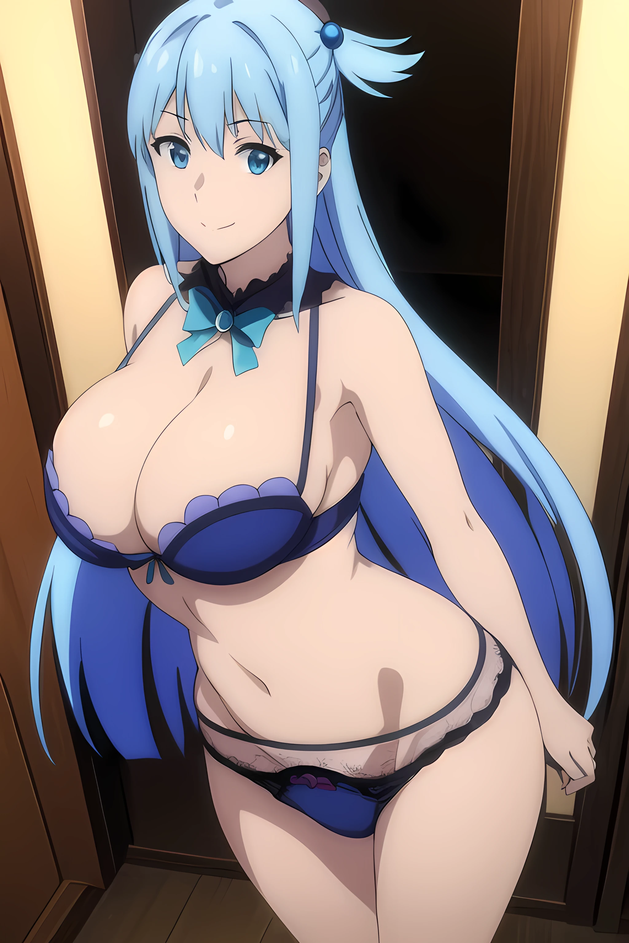 (extremely detailed CG unity 8k wallpaper), (masterpiece), (best quality), (ultra-detailed), (best illustration), (best shadow), (absurdres), 1girl, solo, pefrect face, perfect eyes, large breasts, shining breasts, standing, sfw, safe, close the camera, light blue lace bra, light blue lace panties, standing, vivid colors, cleavage, vivid, 1girl, aqua, long hair, blue eyes, hair ornament, very long hair, blue hair, hair rings, single hair ring, hair bobbles,, huge breasts, huge breast, only lingerie, smile