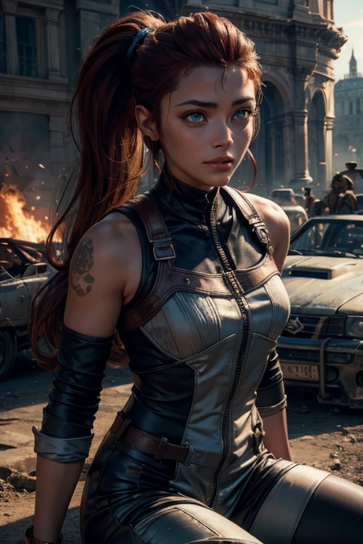 iliaamitola, ilia amitola, smiling, long hair, blue eyes, brown hair, ponytail, dark skin, dark-skinned female, BREAK bare shoulders, bodysuit, BREAK outside colosseum, sitting next to river, bonfires, wrecked vehicles, crowd, (crowd in military dress), post-apocalypse, dystopian future, crowd, (crowd in military uniforms), (volumetric lighting), best quality, masterpiece, intricate details, tonemapping, sharp focus, hyper detailed, BREAK looking at viewer, (cowboy shot:1.5), BREAK (masterpiece:1.2), best quality, high resolution, unity 8k wallpaper, (illustration:0.8), (beautiful detailed eyes:1.6), extremely detailed face, perfect lighting, extremely detailed CG, (perfect hands, perfect anatomy),