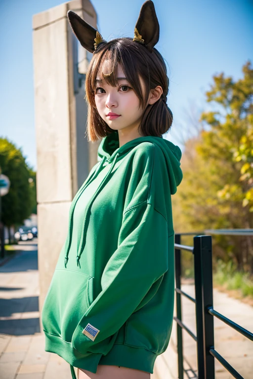 masterpiece、ultra-detailliert、8K、Shorthair with bangs、parka、a miniskirt、a park、sitting on、Open legs