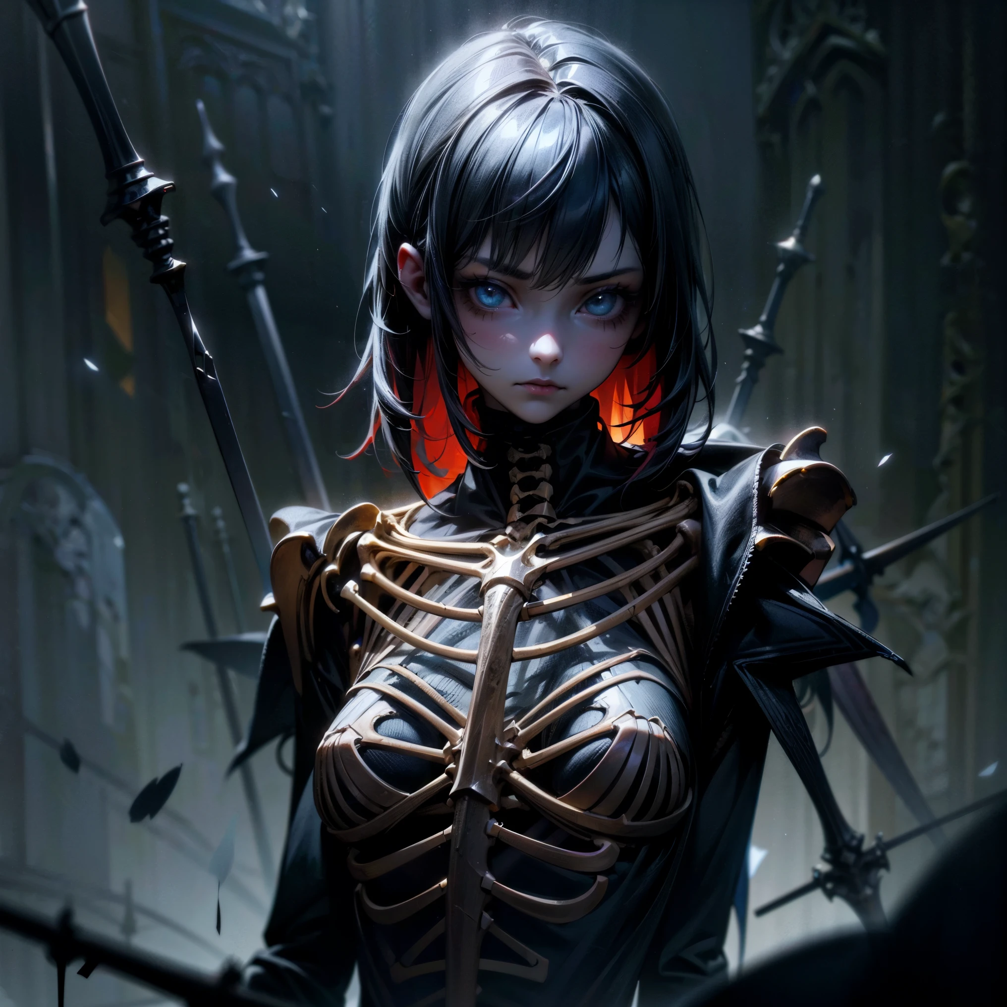 (a girl with) Aura-like gothic lighting, realistic Gothic-style artwork, detailed skeleton impaling itself with a sword in the neck, dark atmospheric background, high-res masterpiece:1.2, ultra-fine painting, professional, vivid colors