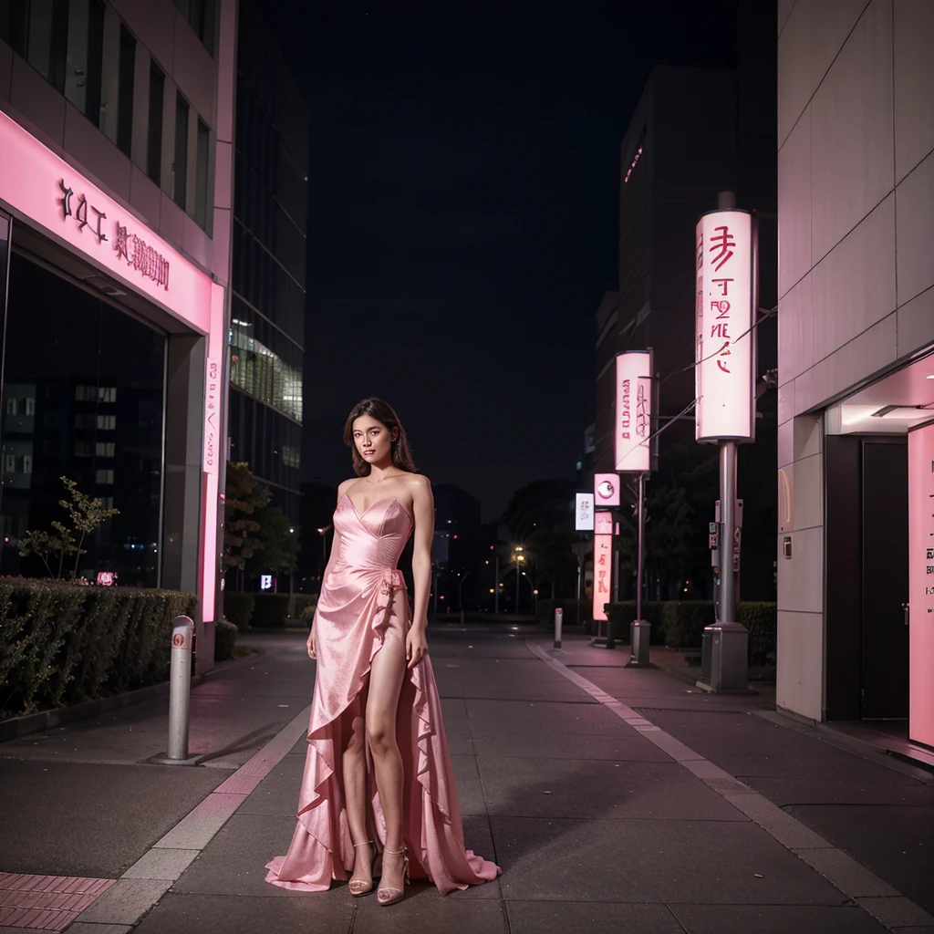 Female supermodel. Pink evening dress. Standing. Roppongi Art Triangle (ATRO), National Art Center, Tokyo (NACT).