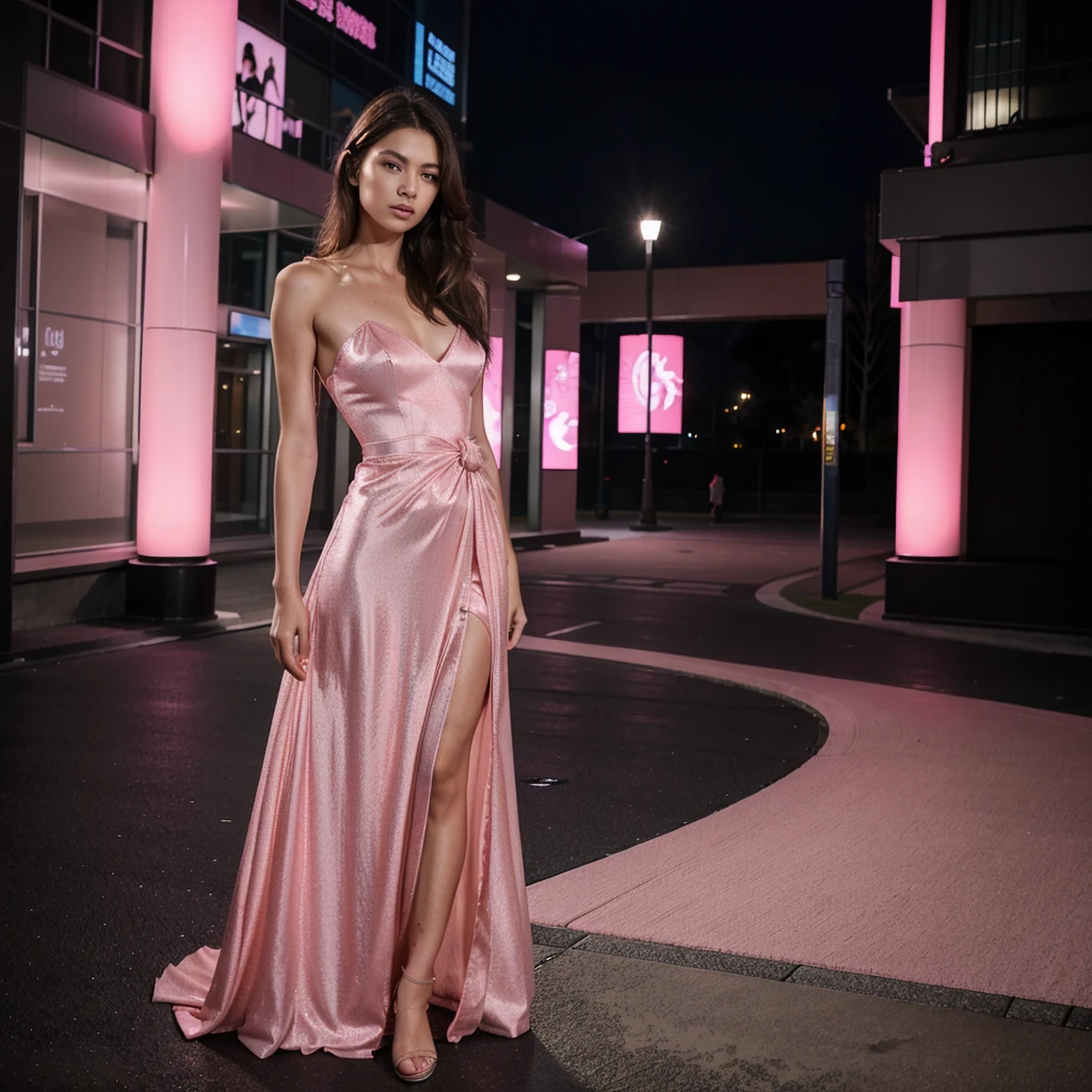 Female supermodel. Pink evening dress. Standing. Roppongi Art Triangle (ATRO), National Art Center, Tokyo (NACT).