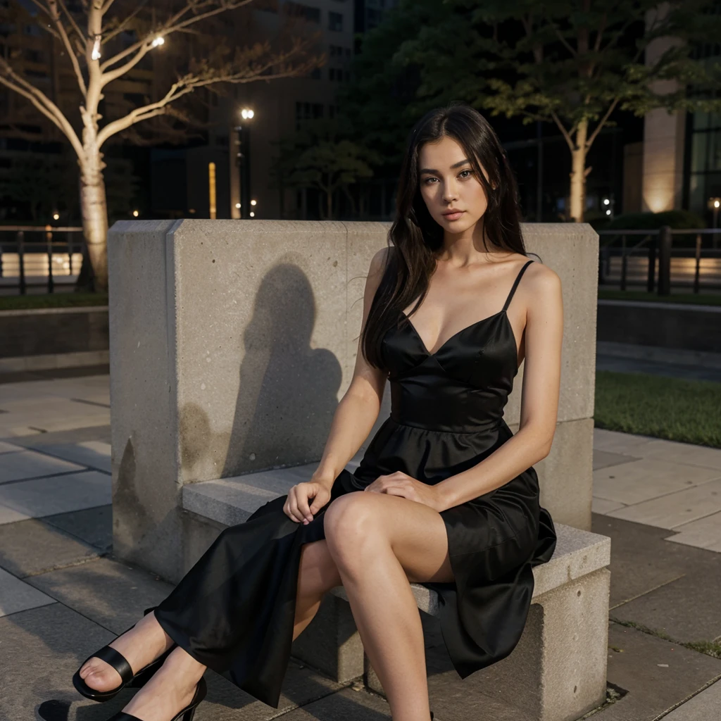 Female supermodel. Black evening dress. Sits on a marble bench. Roppongi Art Triangle (ATRO), Mori Art Museum.