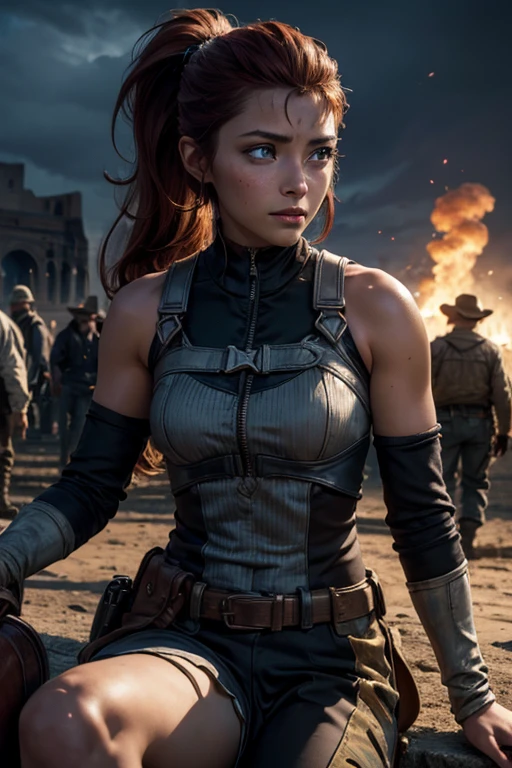 
iliaamitola, ilia amitola, smiling, long hair, blue eyes, brown hair, ponytail, dark skin, dark-skinned female, BREAK bare shoulders, bodysuit, BREAK outside colosseum, (sitting next to river), bonfires, wrecked vehicles, crowd, (crowd in military dress), post-apocalypse, dystopian future, crowd, (crowd in military uniforms), (volumetric lighting), best quality, masterpiece, intricate details, tonemapping, sharp focus, hyper detailed, BREAK looking at viewer, (cowboy shot:1.5), BREAK (masterpiece:1.2), best quality, high resolution, unity 8k wallpaper, (illustration:0.8), (beautiful detailed eyes:1.6), extremely detailed face, perfect lighting, extremely detailed CG, (perfect hands, perfect anatomy), 
