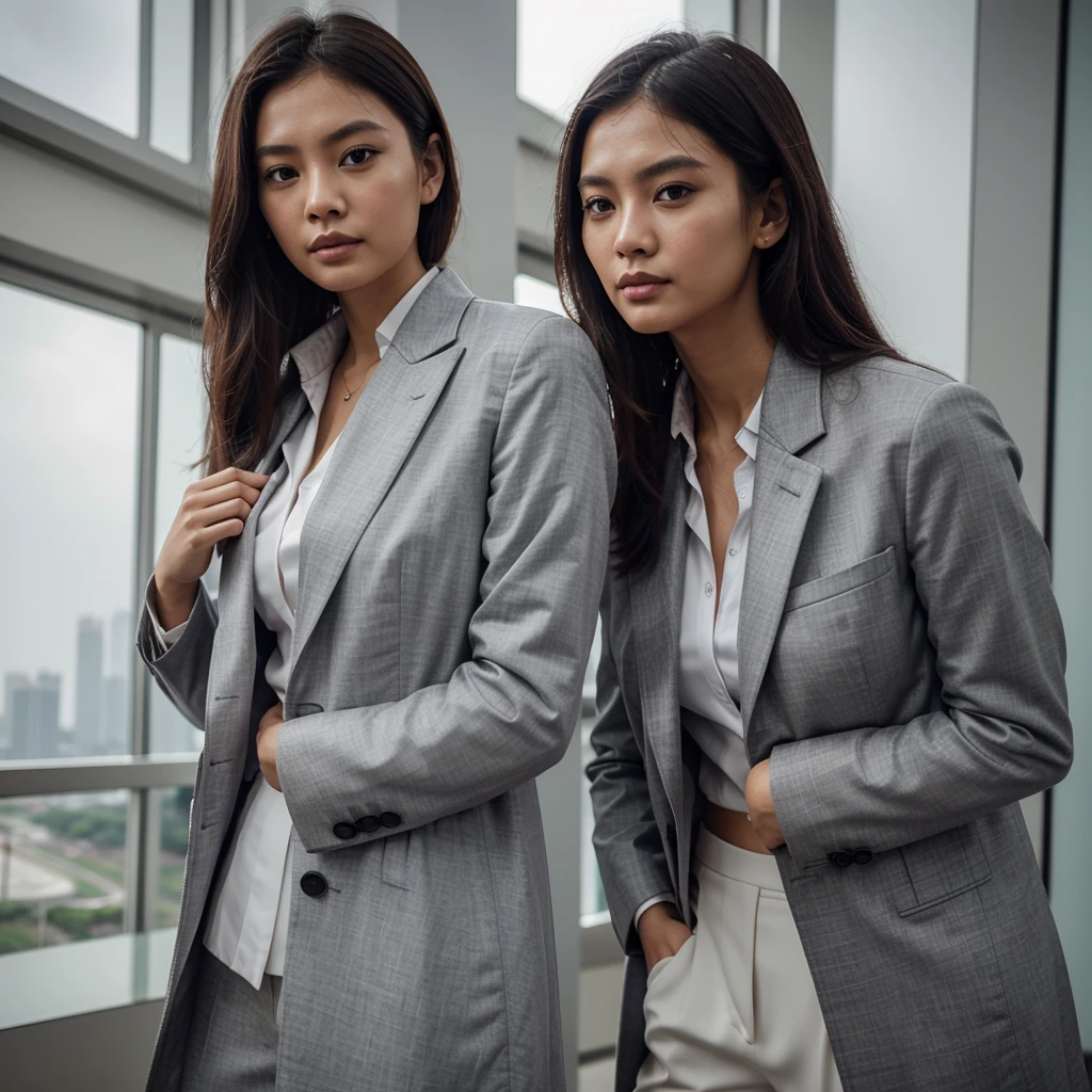 Female supermodel. Singapore Chinese. Tuas, Singapore. Grey doctor coat. Grey formal shirt. White trousers. Close-up.