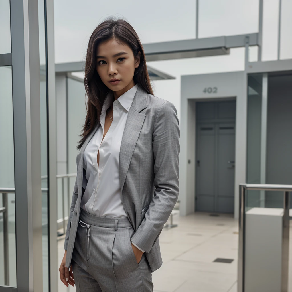 Female supermodel. Singapore Chinese. Tuas, Singapore. Grey doctor coat. Grey formal shirt. White trousers. Close-up.