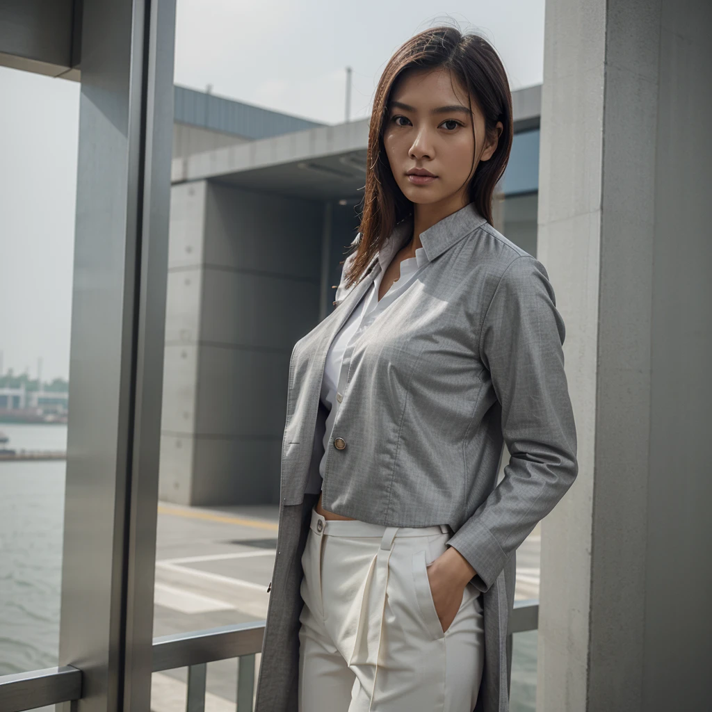 Female supermodel. Singapore Chinese. Tuas, Singapore. Grey doctor coat. Grey formal shirt. White trousers. Close-up.