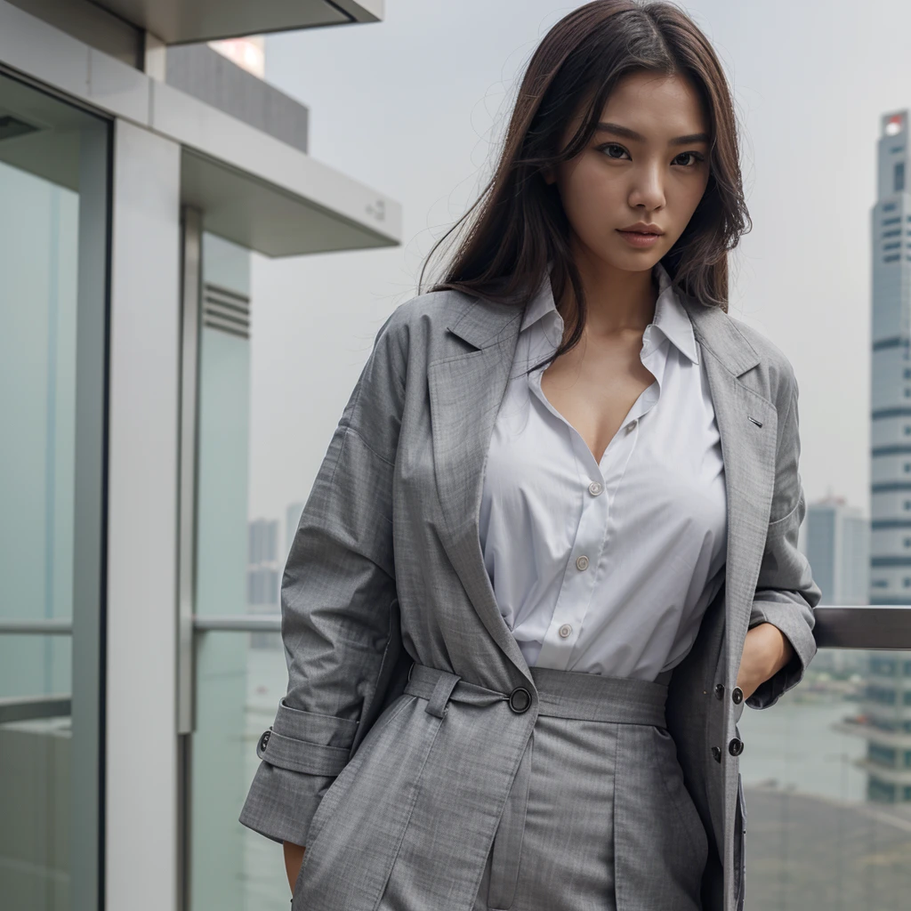 Female supermodel. Singapore Chinese. Tuas, Singapore. Grey doctor coat. Grey formal shirt. White trousers. Close-up.