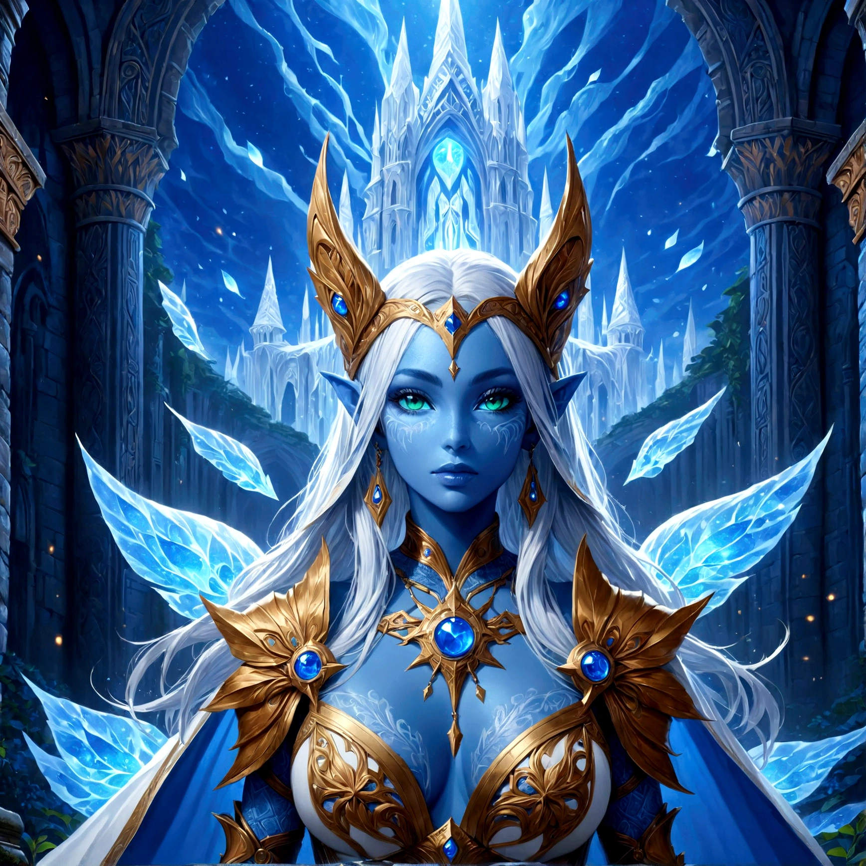 antasy art, dnd art, RPG art, wide shot, (masterpiece: 1.4) a (portrait: 1.3) intense details, highly detailed, photorealistic, best quality, highres, portrait a female (fantasy art, Masterpiece, best quality: 1.3) ((blue skin: 1.5)), intense details facial details, exquisite beauty, (fantasy art, Masterpiece, best quality) cleric, (blue: 1.3) skinned female, white hair, long hair, (hair hides ears: 1.5), (green: 1.3) eye, fantasy art, Masterpiece, best quality) armed a fiery sword red fire, wearing heavy (white: 1.3) half plate mail armor, wearing high heeled laced boots, wearing an(orange :1.3) cloak, wearing glowing holy symbol GlowingRunes_yellow, within fantasy temple background, reflection light, high details, best quality, 16k, [ultra detailed], masterpiece, best quality, (extremely detailed), close up, ultra wide shot, photorealistic, RAW, fantasy art, dnd art, fantasy art, realistic art,((best quality)), ((masterpiece)), (detailed), perfect face, colouredglazecd_xl
