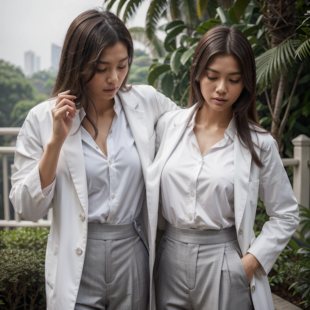 Female supermodel. Singapore Chinese. Jurong Bird Park, Singapore. Gray doctor coat. White formal shirt. Gray trousers. Close-up.