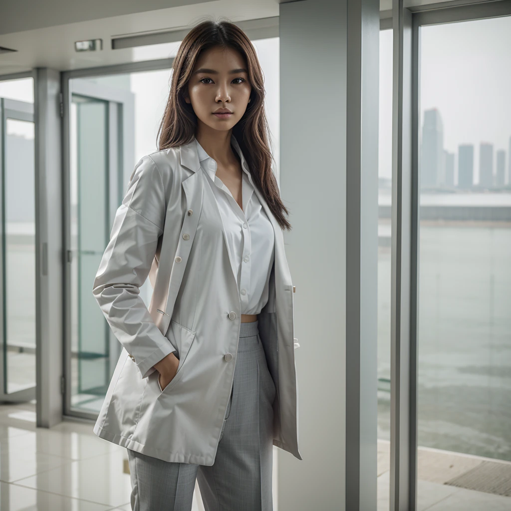 Female supermodel. Singapore Chinese. Tuas, Singapore. Pastel gray doctor coat. White formal shirt. Pastel gray trousers. Close-up.