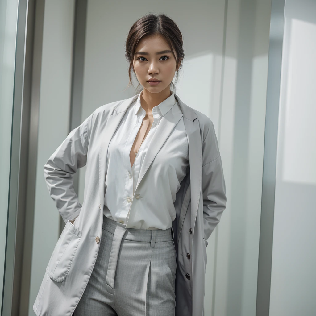 Female supermodel. Singapore Chinese. Tuas, Singapore. Pastel gray doctor coat. White formal shirt. Pastel gray trousers. Close-up.