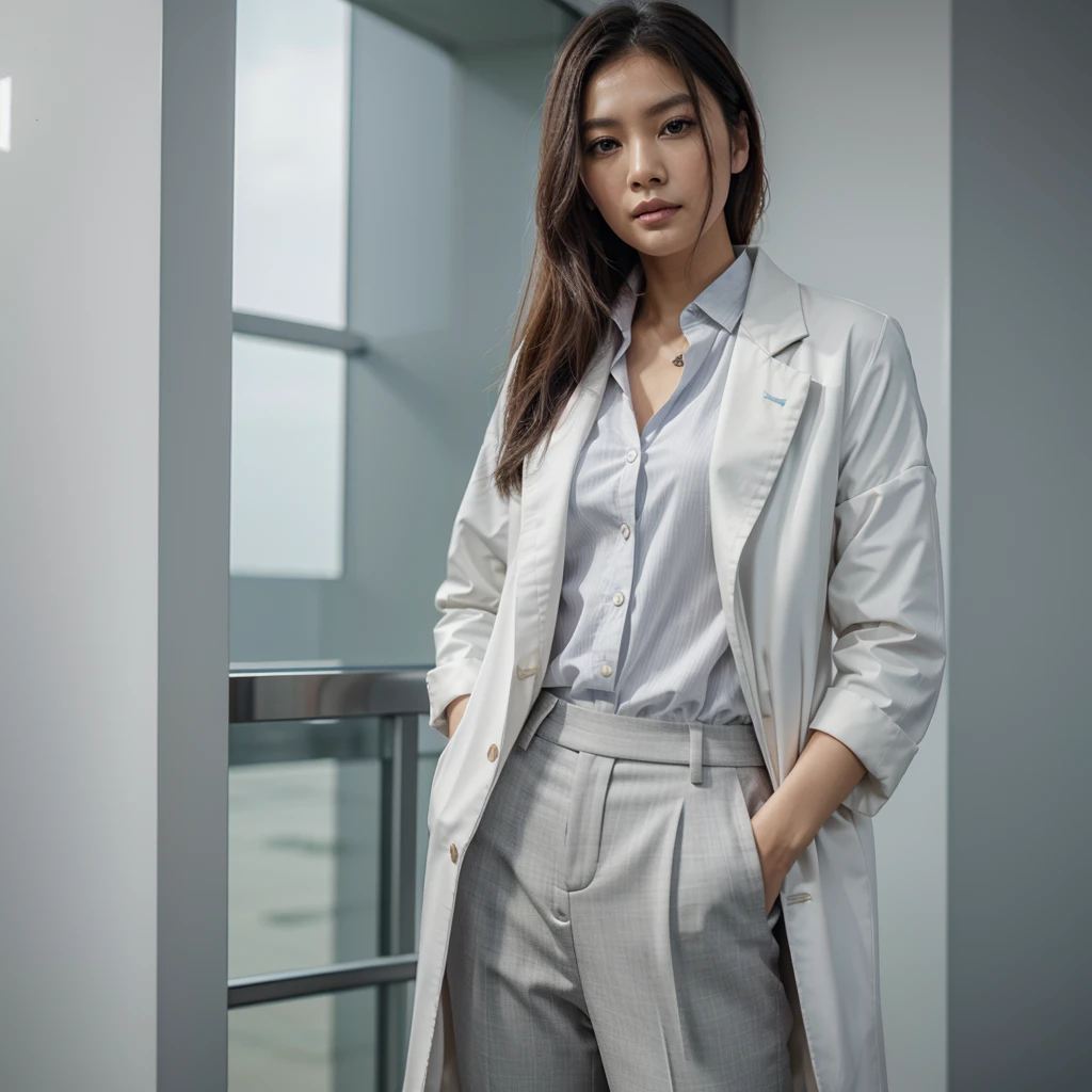 Female supermodel. Singapore Chinese. Tuas, Singapore. Pastel gray doctor coat. White formal shirt. Pastel gray trousers. Close-up.