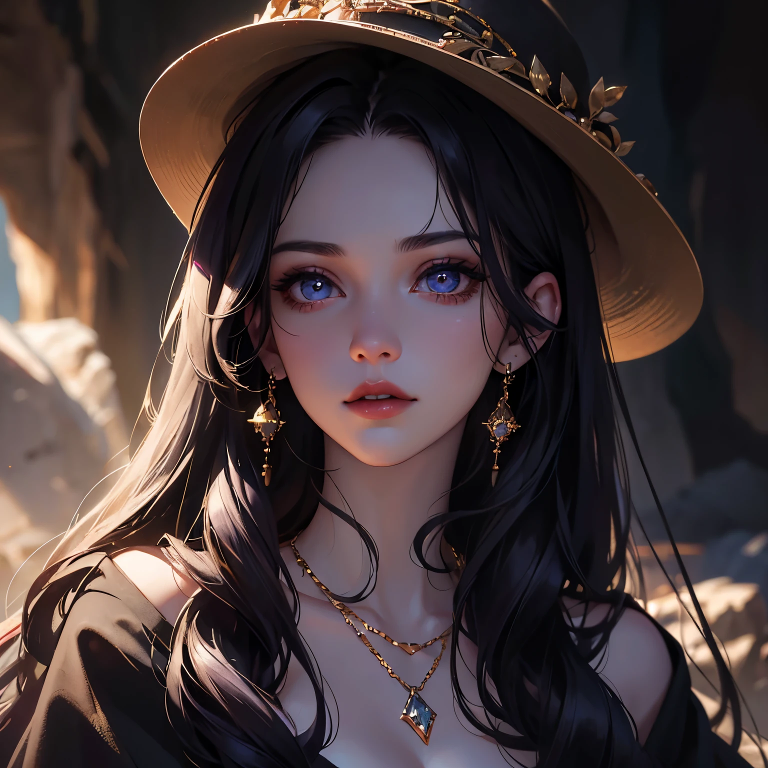 a beautiful young woman, in a cave, with a hat , baggy clothes,, clear day intricate jewelry, sparkling hair,, beautiful detailed eyes, beautiful detailed dark red lips, extremely detailed face, long eyelashes, (best quality,4k,8k,highres,masterpiece:1.2),ultra-detailed,(realistic,photorealistic,photo-realistic:1.37),professional,vivid colors,dramatic lighting,cinematic composition,elegant portraiture, black purple hair.