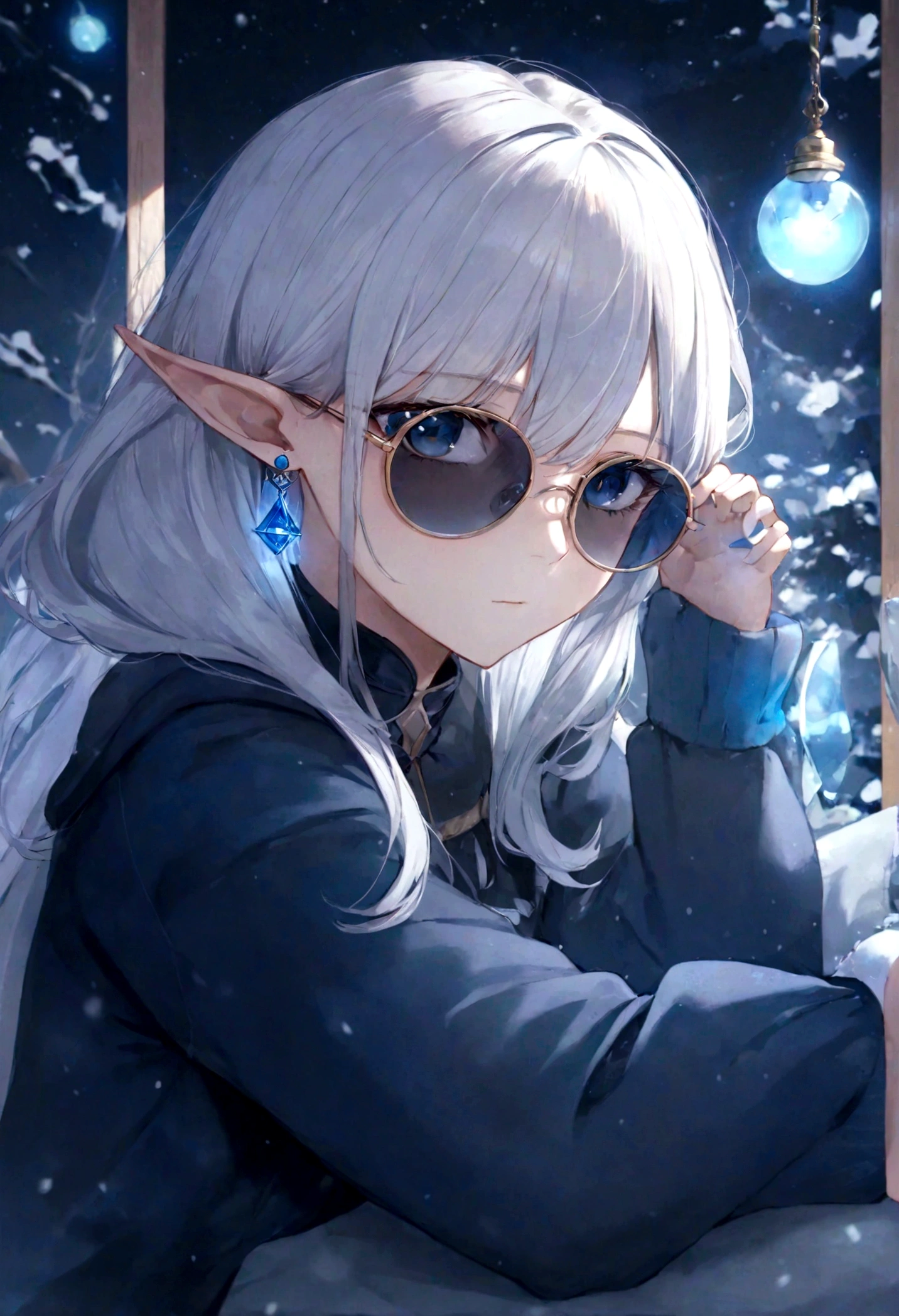 1girl, frieren, sousou no frieren, elf, white hair, long hair, long sleeves, earrings, black sunglasses, ink style, Light-electric style, flat, cozy animation scenes, dynamic pose, best quality, masterpiece, very aesthetic, perfect composition, intricate details, ultra-detailed