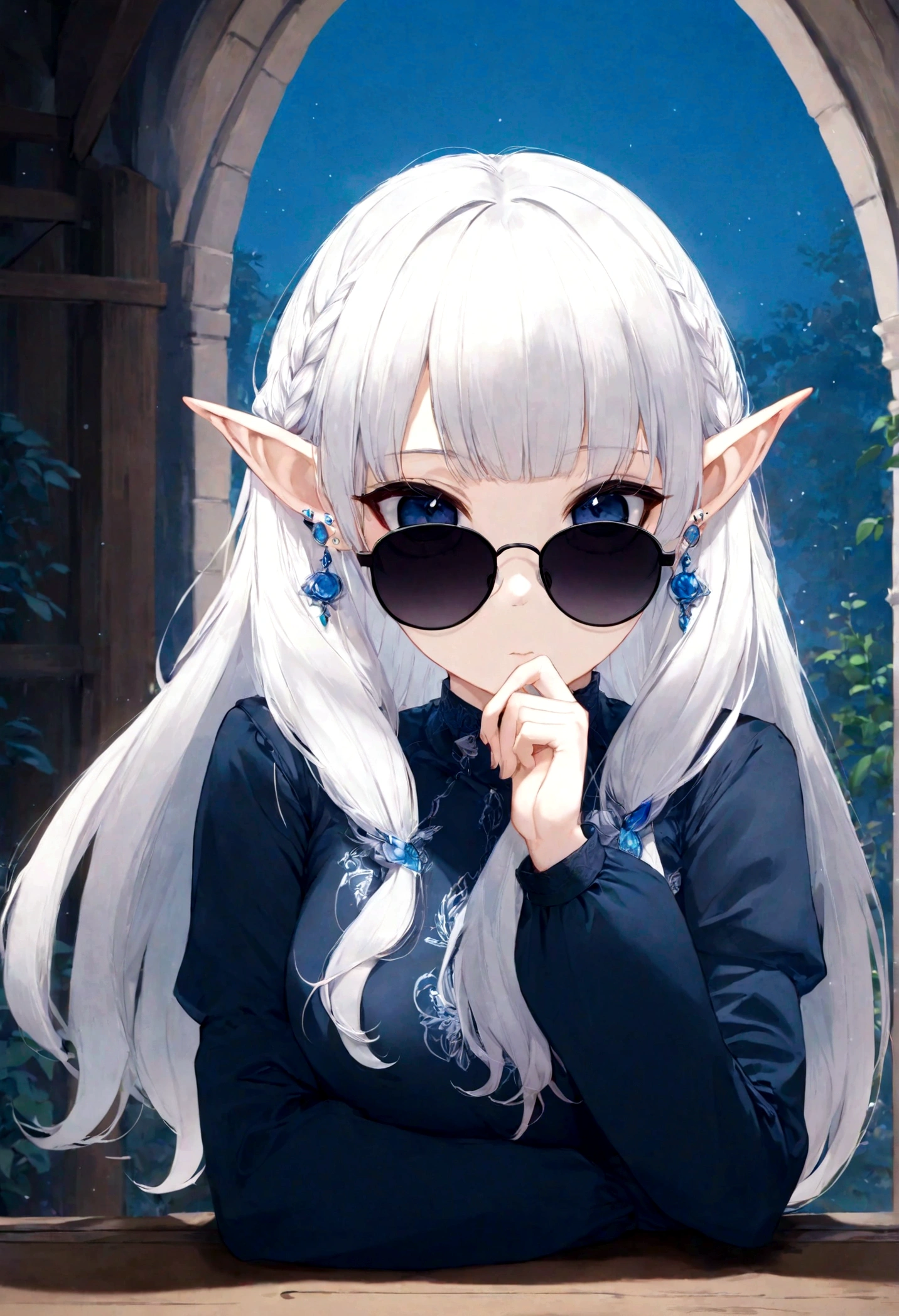 1girl, frieren, sousou no frieren, elf, white hair, long hair, long sleeves, earrings, black sunglasses, ink style, Light-electric style, flat, cozy animation scenes, dynamic pose, best quality, masterpiece, very aesthetic, perfect composition, intricate details, ultra-detailed