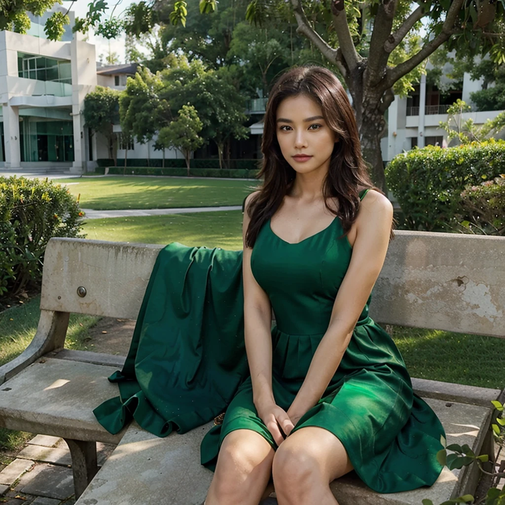 Female supermodel. Sits on emerald bench. PTT Art Gallery. Green evening dress. Sunset.