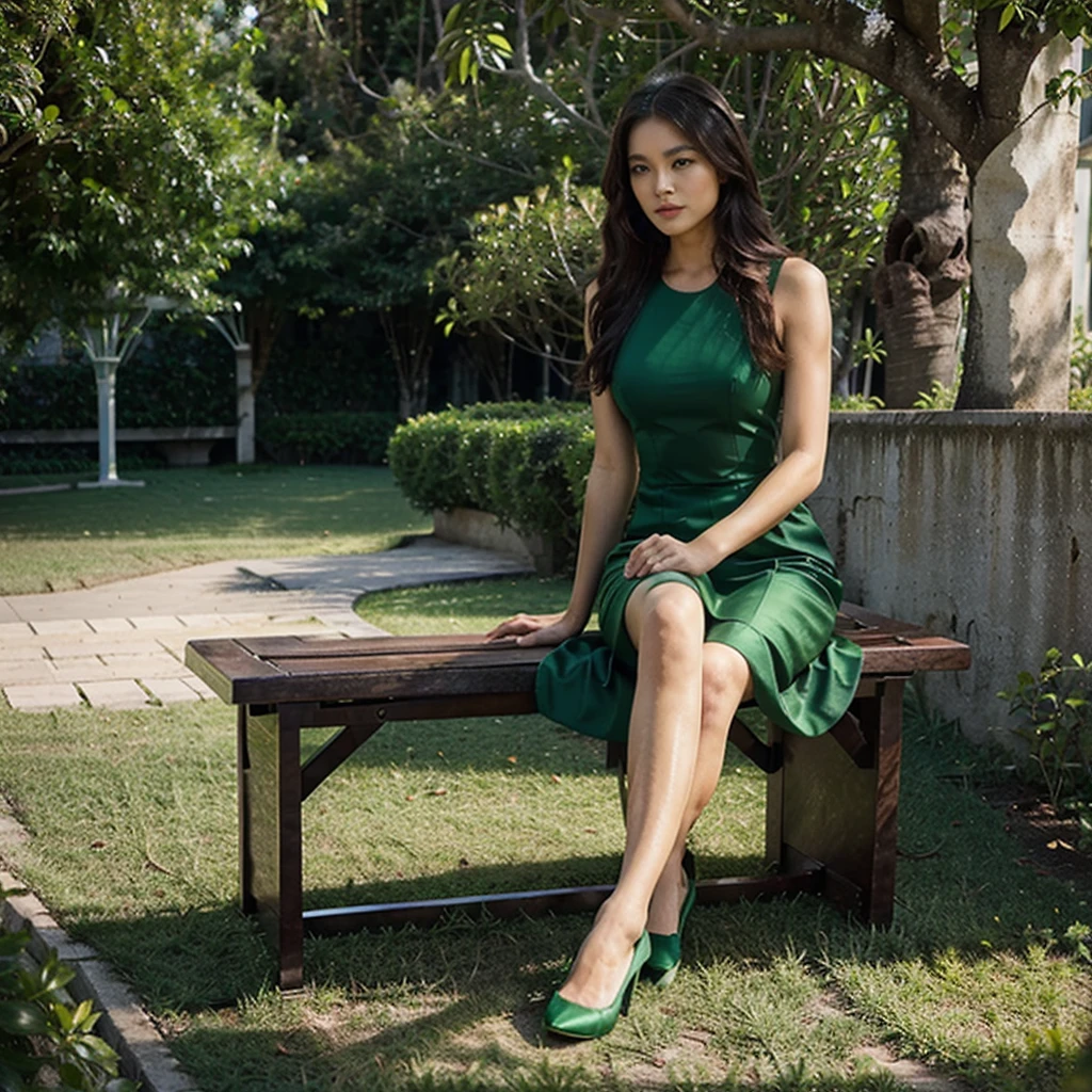 Female supermodel. Sits on emerald bench. PTT Art Gallery. Green evening dress. Sunset.