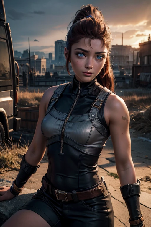 iliaamitola, ilia amitola, smiling, long hair, blue eyes, brown hair, ponytail, dark skin, dark-skinned female, BREAK bare shoulders, bodysuit, BREAK sitting outside, river running next to colosseum, bonfires, wrecked vehicles, crowd, (crowd in military dress), post-apocalypse, dystopian future, crowd, (crowd in military uniforms), (volumetric lighting), best quality, masterpiece, intricate details, tonemapping, sharp focus, hyper detailed, BREAK looking at viewer, (cowboy shot:1.5), BREAK (masterpiece:1.2), best quality, high resolution, unity 8k wallpaper, (illustration:0.8), (beautiful detailed eyes:1.6), extremely detailed face, perfect lighting, extremely detailed CG, (perfect hands, perfect anatomy),