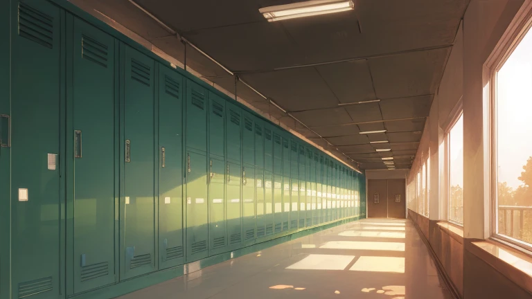 (masterpiece), best quality, ultra detailed, anime background, day, sunlight, school, hallway, high school, lockers