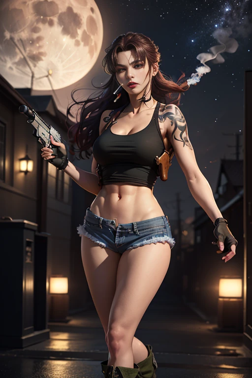 (highest quality、Ultra-high resolution、masterpiece、8K)、((Realistic、Ultra-realistic、Realistic)), anime「Black Lagoon」Levi, 1 girl 、Full Body Portrait、Very beautiful woman、Slender、Slim Waist、Sharp long legs、Dual pistols, gun at you ,Aiming at the audience, holding two gun, (realistic and detailed gun) 、Black Tank Top、Tattoo、Slim Abs、Denim shorts、Fingerless gloves、boots、((Smoking))、Cleavage、Sharp Eyes、Hated、Murderous expression、(Delicate face、Detailed eyes and face、double eyelid、Red lips)、Night view of an empty city、Starry Sky、Wind、moon、Professional Lighting