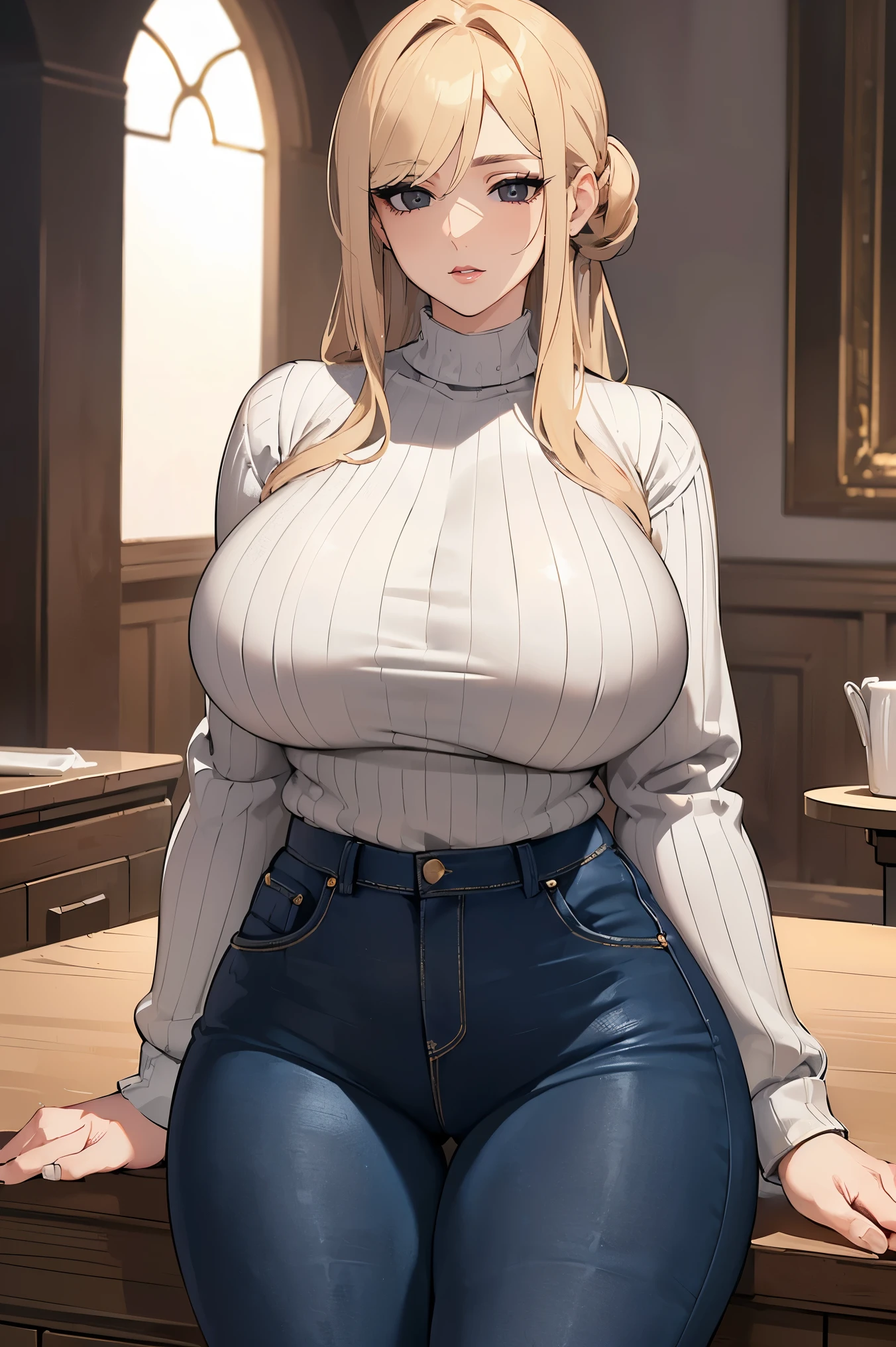 (Uhd, Masterpiece, Textured Skin, Super Detail, High Details, High Quality, Best Quality), Detailed Face, 1woman, mature pretty woman:1.5, ((Wide hips, thick thighs, massive huge breasts)), Blonde hair tied up, (Black sweater shirt), jeans, (Huge Body), (Hair tied up with side bangs)