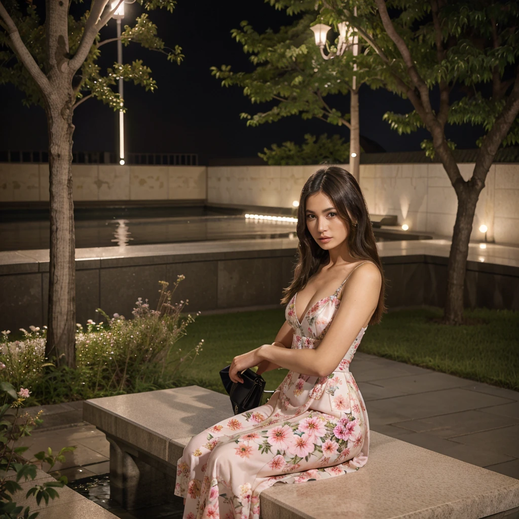 Female supermodel. Flowery evening dress. Sits on a marble bench. Roppongi Art Triangle (ATRO), Mori Art Museum.