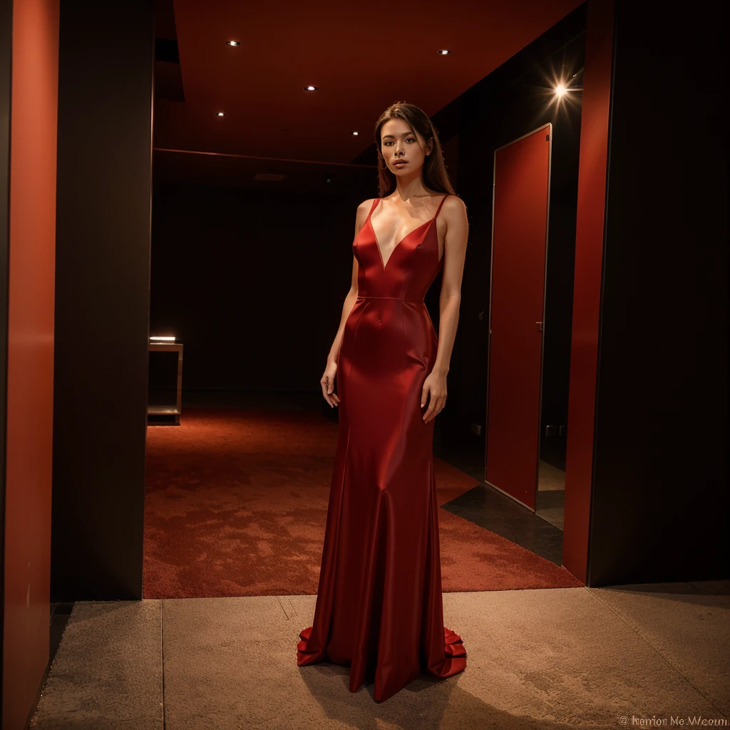 Female supermodel. Red evening dress. Standing. Roppongi Art Triangle (ATRO), National Art Center, Tokyo (NACT).