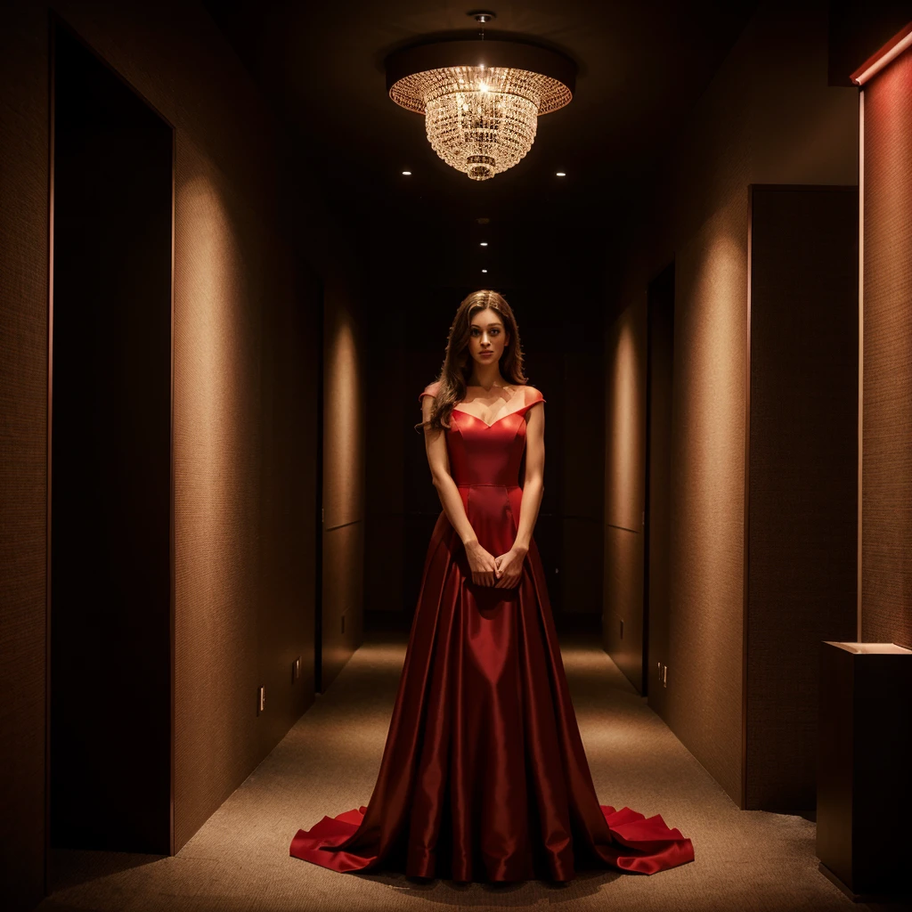 Female supermodel. Red evening dress. Standing. Roppongi Art Triangle (ATRO), National Art Center, Tokyo (NACT).