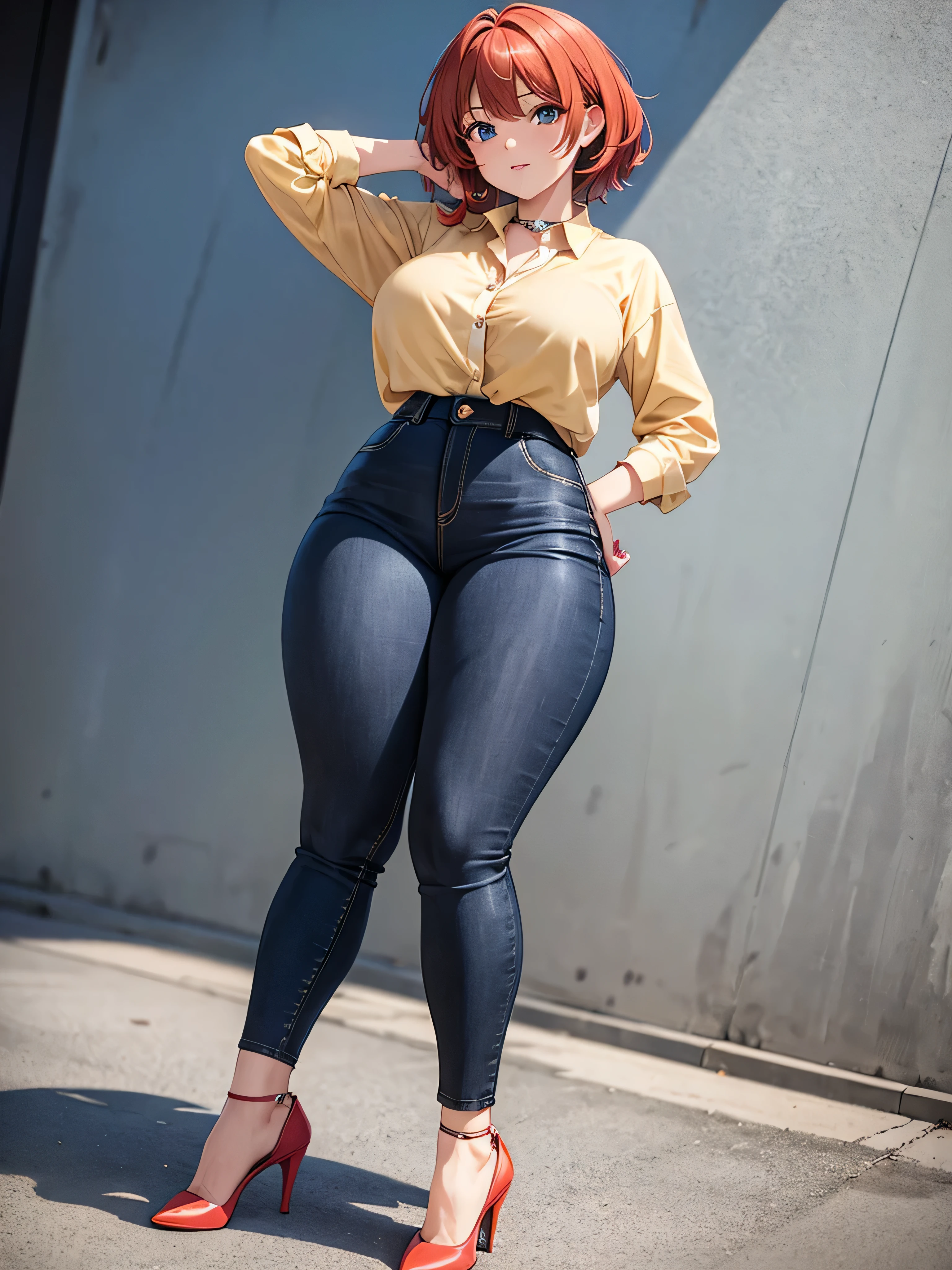 makima, thighs, full body, high heels, blouse, black jeans pants, wide hips