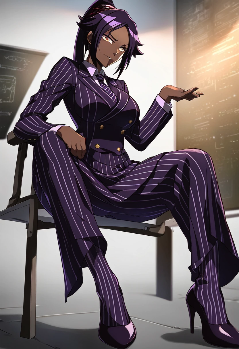 Full body Yoruichi as a thin Black business woman in a double breasted pinstripe purple skirt suit while wearing a tie with a very long purple pinstripe skirt and with purple knee sock’s wearing purple heels while sitting full art anime
