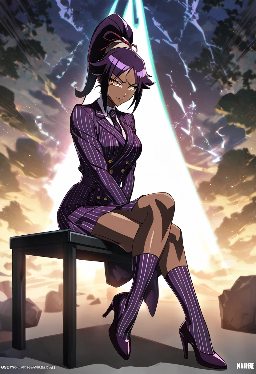 Full body Yoruichi as a thin Black business woman in a double breasted pinstripe purple skirt suit while wearing a tie with a purple pinstripe skirt and with purple knee sock’s and stockings wearing purple heels while sitting full art anime make her look older