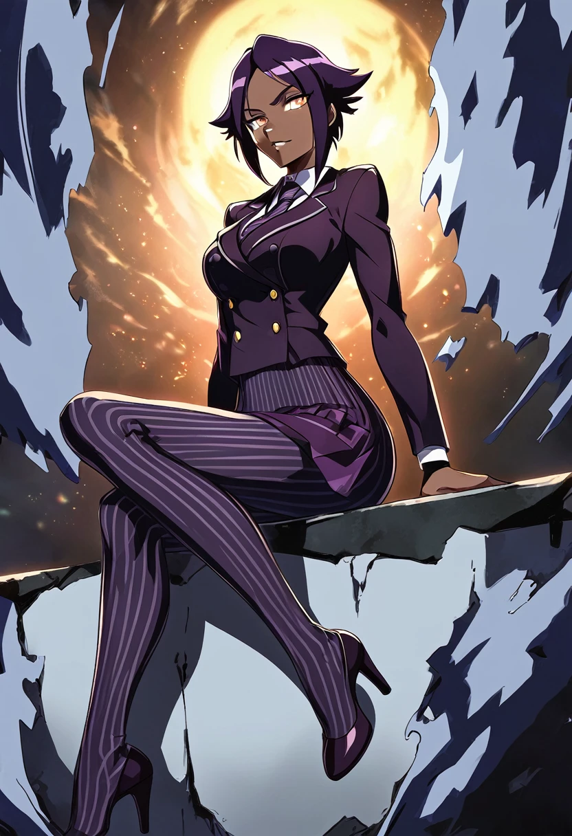 Full body Yoruichi as a thin Black business woman in a double breasted pinstripe purple skirt suit while wearing a tie with a very long purple pinstripe skirt and with purple knee sock’s wearing purple heels while sitting full art anime