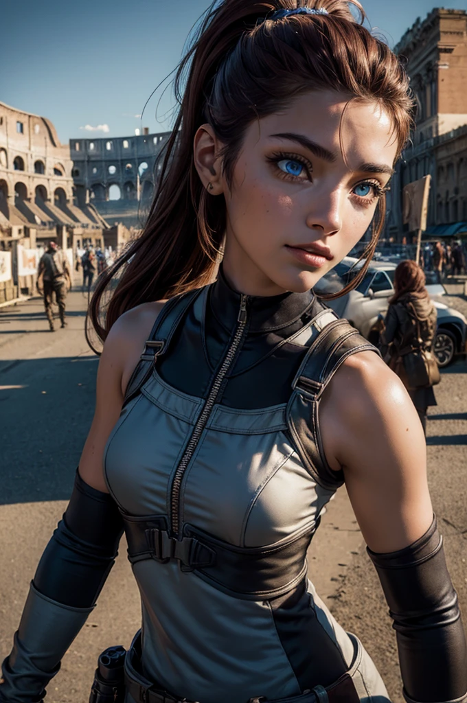 28 year old woman, beautiful, blue eyes, street fighter outfit, long brown hair with white streaks