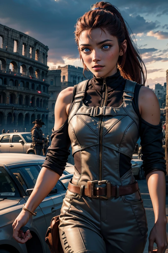 
iliaamitola, ilia amitola, smiling, long hair, blue eyes, brown hair, ponytail, dark skin, dark-skinned female, BREAK bare shoulders, bodysuit, BREAK sitting outside, river running next to colosseum, bonfires, wrecked vehicles, crowd, (crowd in military dress), post-apocalypse, dystopian future, crowd, (crowd in military uniforms), (volumetric lighting), best quality, masterpiece, intricate details, tonemapping, sharp focus, hyper detailed, BREAK looking at viewer, (cowboy shot:1.5), BREAK (masterpiece:1.2), best quality, high resolution, unity 8k wallpaper, (illustration:0.8), (beautiful detailed eyes:1.6), extremely detailed face, perfect lighting, extremely detailed CG, (perfect hands, perfect anatomy), 

