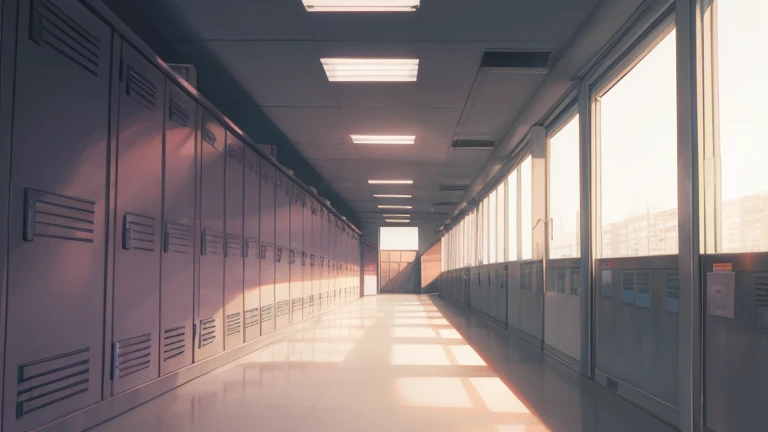 (masterpiece), best quality, ultra detailed, anime background, day, white wall, school, hallway, high school, lockers